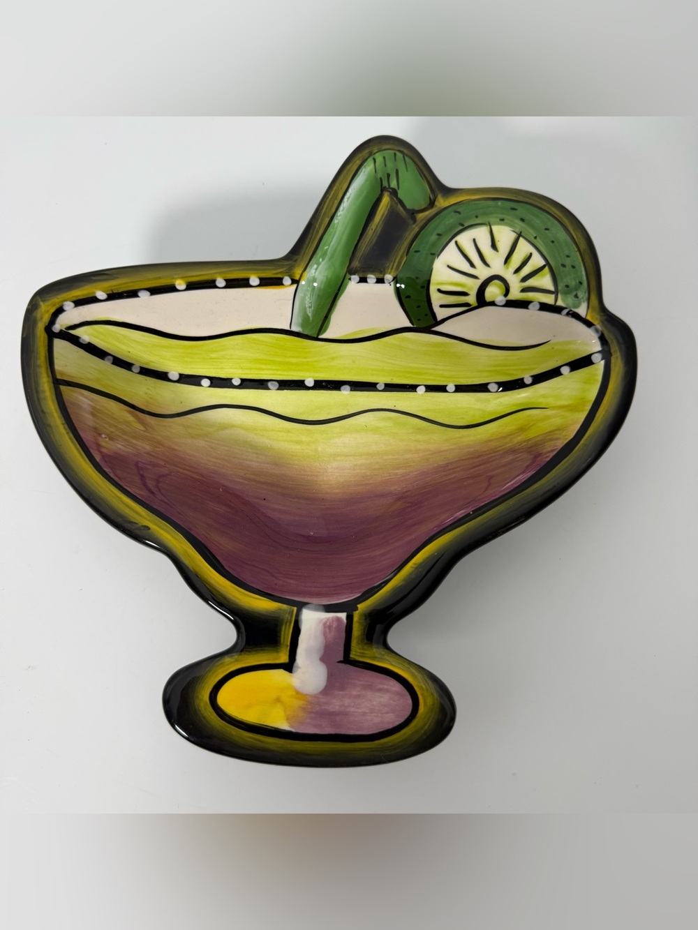 Clay Art Hand Painted Ceramic Margarita Glass Snack Bowl / Salsa Dip Dish 8”